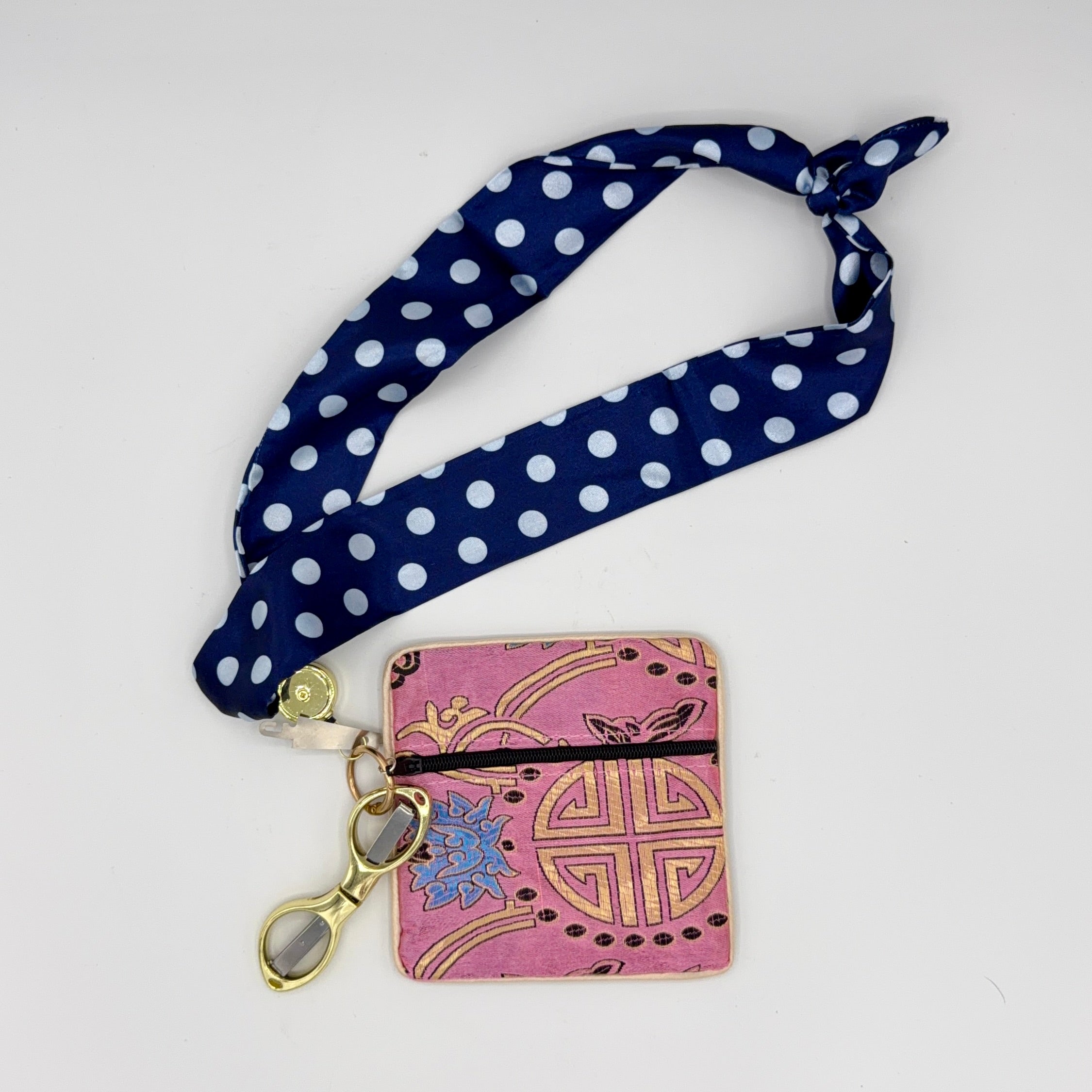 Blue & White Polka Dot Scarf with Pink Pouch