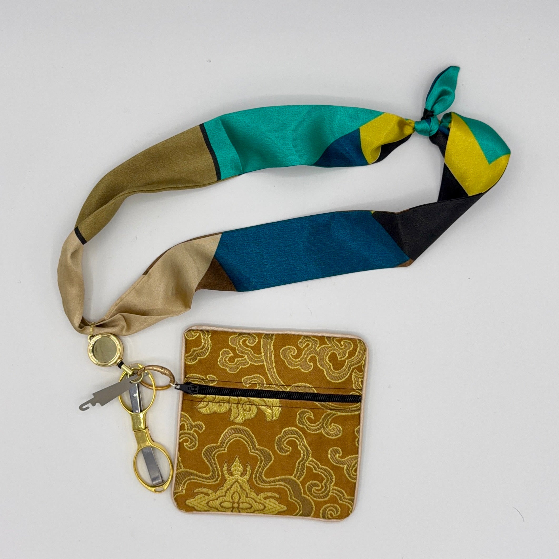 Gold/Blue/Green Scarf with Gold Pouch