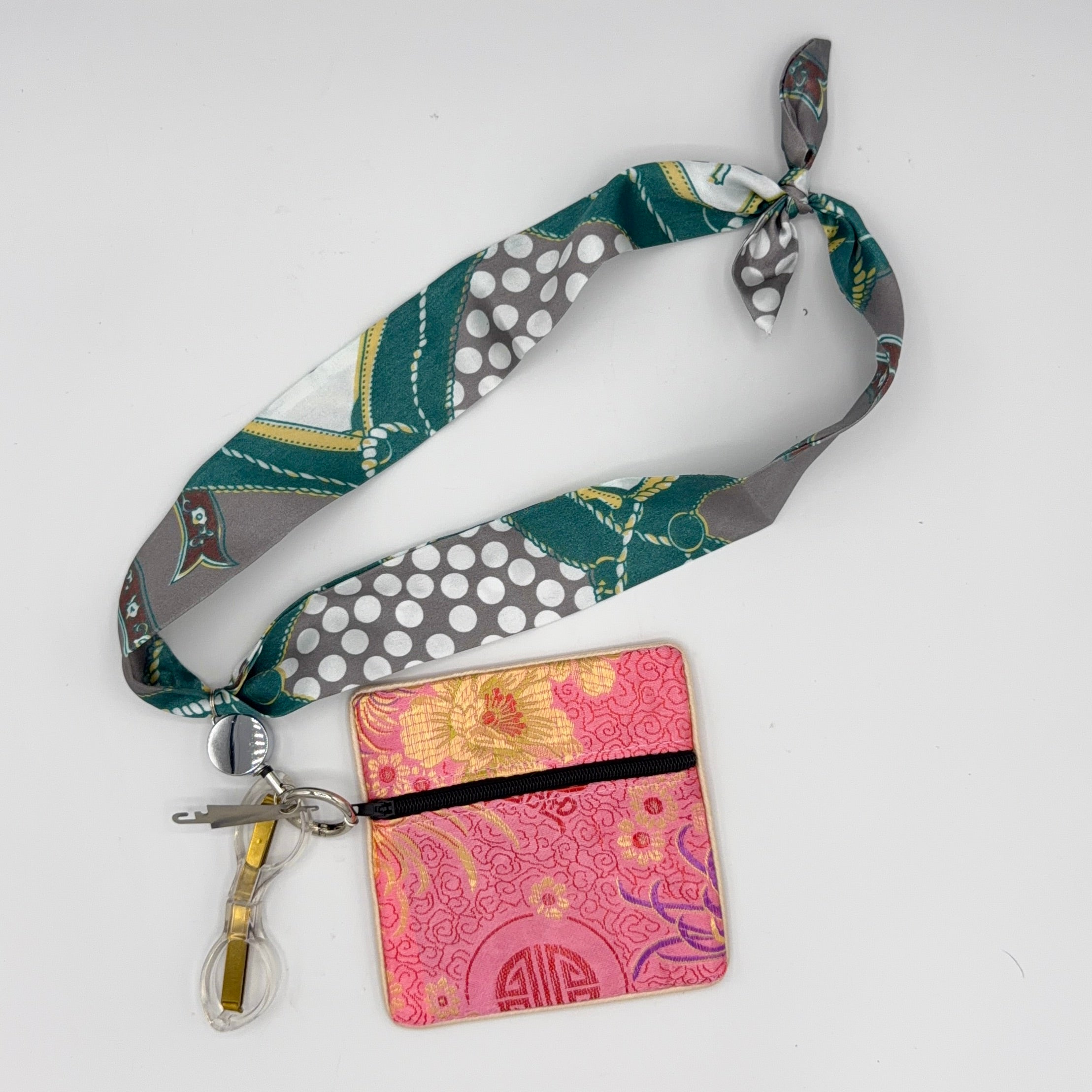 Grey and Green Scarf with Pink Pouch