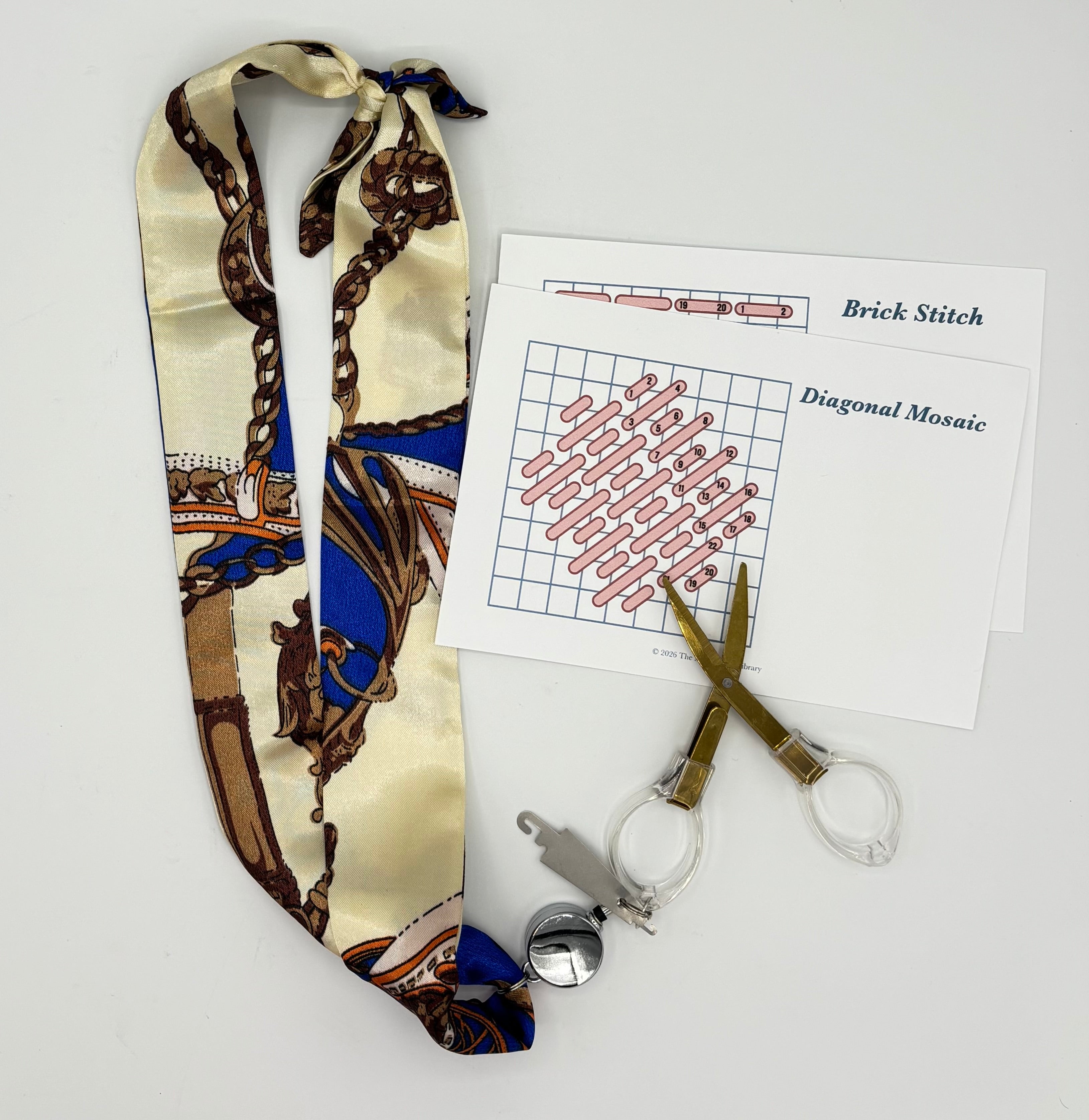Ivory/Blue/Brown Stitching Scarf