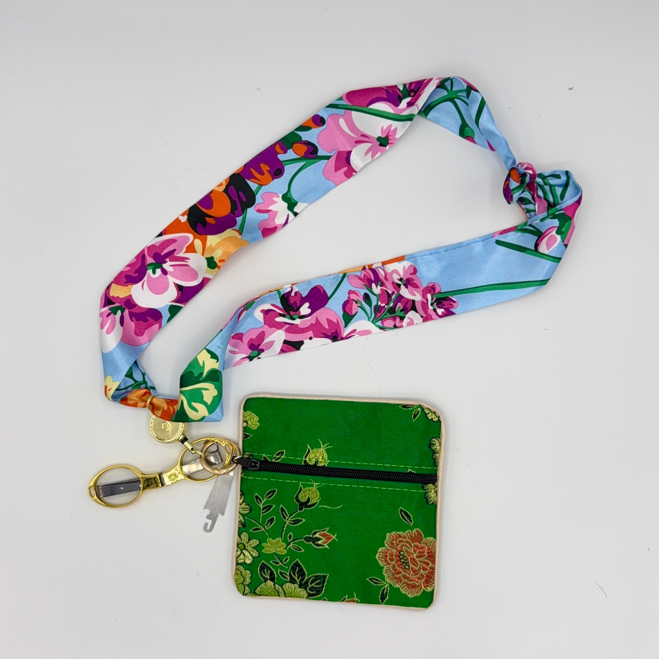 Light Blue Floral Scarf with Green Pouch